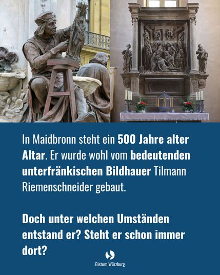 Eine Statue eines Bildhauers mit einem kleinen Modell und ein historischer Altar in Maibronn,