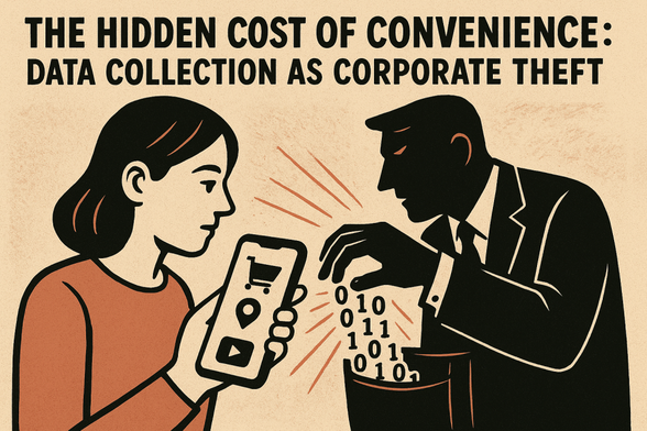 Digital artwork showing a frustrated computer user surrounded by floating windows, predictive pop-ups, and corporate logos symbolizing data tracking.