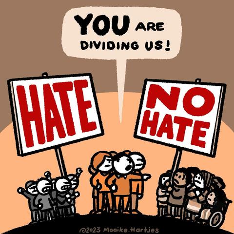 A cartoon depicting a group with HATE sign. They blame point to anither group with a NO HATE sign, acussing them with "You are dividing us !"