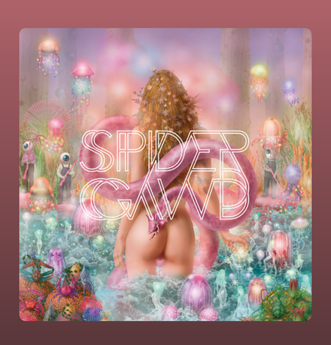 A surreal, pastel-hued scene centers on a figure standing or floating in front of an abstract cityscape. The person has long hair and is dressed in soft, flowing clothing with lighter and darker tones; their features are indistinct. In the foreground and around the figure are clusters of geometric shapes and crystalline forms, glowing in shades of pink, lavender and turquoise. The skyline behind shows whimsical towers or pillars fading into a dreamy, misty light. The overall mood is ethereal, otherworldly, with a fusion of fantasy and sci-fi. On Top of the Image centered ist a pink snake forming the Infinity Symbol and on to of that the Bandname spidergawd ist pressented.