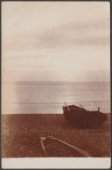 Sepia real photographic postcard showing a view of a boat and set of oars on the beach at Weymouth in Dorset.

Published by H. Cumming, late E. Debenham & Co, not numbered, c.1905-10.

Postally unused.

Good condition, with slight corner bumps and medium album marks.