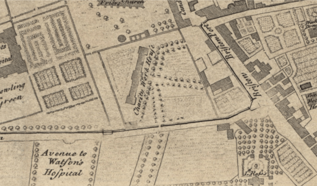 Edgar's Town Plan of Edinburgh, 1765, showing the tree-lined Middle Meadow Walk at the bottom middle of the frame meeting the city wall at Lauriston. Reproduced with the permission of the National Library of Scotland
