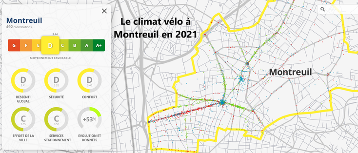 Copie d'écran du baromètre vélo 2021, Montreuil obtient une note D. Une cartographie des points noirs où l'on peut notamment remarquer la rue de Paris, la place François Mitterrand
