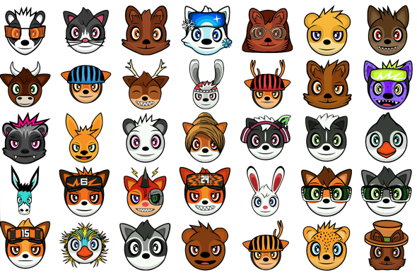 Grid of the faces of all 35 (so far) MOULE WORLD characters. From left-to-right, top-to-bottom:

Æmber, the doctor badger.
Amanda, the grey tuxedo cat.
Armstrong, the quokka.
Brook, the white skier Alaskan Malamute.
Catherine, the rose-gold quokka physicist and rocket scientist.
Cockburn, the purple-loving yellow bear librarian.
Count Chiroptera, the eccentric vampire bat.
Delgado, the bull.
Doris, the cheerful cyclist CCC deer with blue helmet.
Ecstatica, the raver reindeer.
Engarde, the martial artist jackrabbit.
Fred, the grumpy cyclist CCC deer with red helmet.
Geordie, the caramel-coloured chemist quokka and surfer.
HYPER HYENA, the purple drummer hyena with green visor.
HUNNY BADJA, the punk honey badger.
Knockout, the boxing kangaroo.
Mei, the social panda.
Melissa, the cynic deer.
Melody, the guitarist-turned-cyberpunk skunk.
Melville, the aromatherapist skunk.
Mersey, the swimmer penguin.
MOULE, the turquoise mule.
OpDaMyZr, the speed runner GLHF fox.
Oskar, the prankster squirrel with a bionic eye and long-removed antenna.
PWNZR, the angry war-gamer GLHF fox.
Robert, the parkourist rabbit.
Robin, the AR glasses fox.
Rocky, the photographer raccoon.
Strattzr, the strategist GLHF fox.
Super Penguin, the blue superhero macaroni penguin.
The Trash Panda, the gentlemanly bandit raccoon with no mouth.
Tom, the skateboarding grizzly bear.
Velo, the champion cyclist one-antlered CCC deer with yellow helmet.
William, the athlete cheetah.
Wilson, the hat-loving quokka.