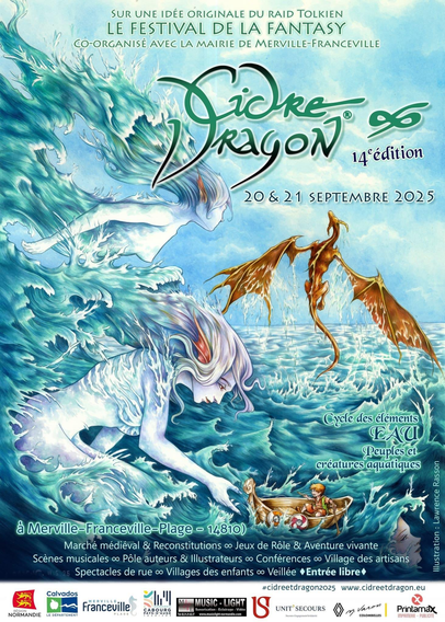 - L'affiche plonge immédiatement dans un univers fantastique aquatique, avec pour thème central :
« Cycle des éléments : EAU – Peuples et créatures aquatiques ».
- Elle évoque un monde sous-marin peuplé de dragons marins, sirènes, et autres créatures mythologiques, dans une composition visuelle dynamique et envoûtante.
- Les tons bleus et blancs dominent, renforçant l’atmosphère aquatique et féerique.