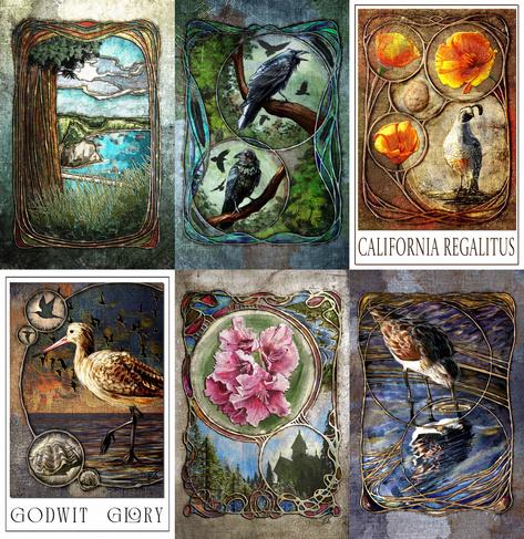 Collage image of six prints in Art Nouveau style featuring birds and flora of the Humboldt County region.  Top three feature a landscape, two ravens, and a quail/poppy combo. Bottom three feature a godwit bird at sunset, a rhododendron bloom with a silhouette of the Carson Mansion, and a stylized sandpiper.