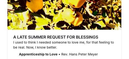 A screenshot of the popular chapter, including a colour photograph of pears in a tree with text: A LATE SUMMER REQUEST FOR BLESSINGS
I used to think | needed someone to love me, for that feeling to
be real. Now, | know better.
Apprenticeship to Love + Rev. Hans Peter Meyer