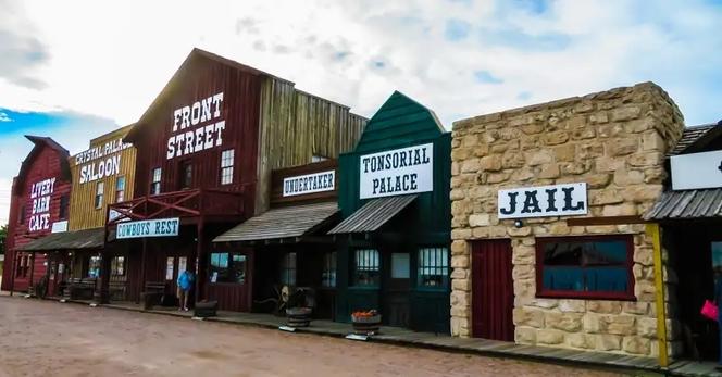 Buildings on Front Street - Livery Barn, Saloon, Caretaker, Tonsorial Palace, and Jail.