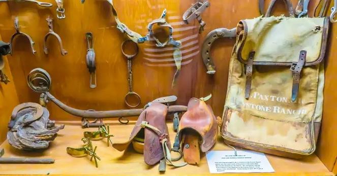 Spurs and a mail saddlebag that belonged to the Paxton Ranch north of Keystone, Nebraska.