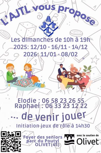 L'affiche annonce une série de rencontres conviviales autour du jeu, organisées par L'AJTL. Avec des illustrations colorées représentant des personnes réunies autour d’une table, en pleine partie de jeu de société. Des icônes de dés, pions et autres éléments ludiques renforcent l’ambiance festive.