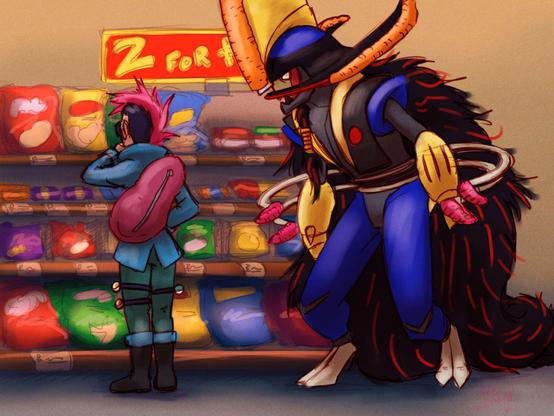 Scene is in some sort of convenience store. The trainer is standing with their back to the viewer. They have a pink mohawk, a darker pink duffel bag on their back, light blue jacket, darker teal leggings, and black boots with blue trimming to match the jacket. Two Pokeballs are strapped on their left leg -a Premier Ball and a Luxury Ball- and one -a Moon Ball- on their right. They appear to be pondering over the snack shelf in front of them.
On the right stands their Kingambit who has bright orange guards on his head and 'moustache' blades, and pink ones on the tips of his waist blades. He looks a little perplexed, but moreso at the snack rack rather than the pool noodles stuck to him.