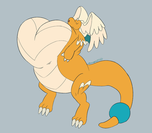 A mega dragonite is inhaling so much air that its chest expanded into a huge heart shape.