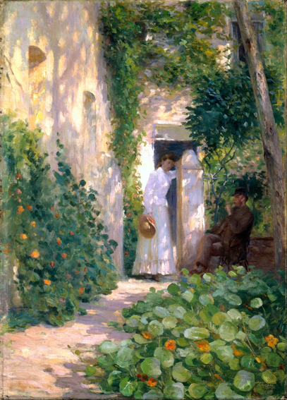 A Realist painting of an enclosed courtyard. In the foreground are numerous nasturtiums in bloom along a path that goes from the lower left corner to the middle. To the left is a tall white wall with some windows, and in the center it meets a doorway. A woman in a white dress, with a straw hat in her hand, leans against the doorway, while beside the door, under a tree emerging from the right side, sits a man in brown, smoking. They do not appear to be interacting in any way.