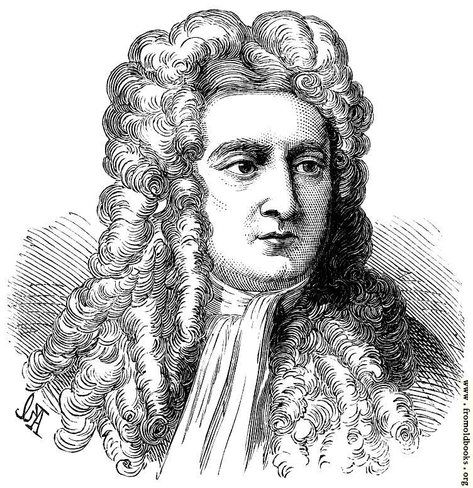 A man’s somewhat plump fact, a curly wig on his head and reaching well past his shoulders, and a white neck-scarf - this is the 18th century scientist Isaac Newton. Black and white engraving.