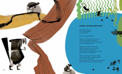 Otusten joukossa -kirjan majavaa esittävällä aukeamalla on kaksi majavaa, joista toinen on juuri kaatanut puun. Aukeamalla on myös lampi, jossa on sammakoita, sammakonkutua ja nuijapäitä.