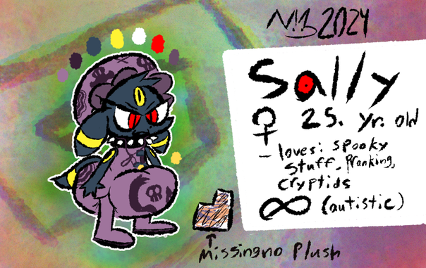 Art of a ref sheet of an umbreon with a spike collar, and a goth themed bonnet and sleeper.
To the right is text saying "Sally, age 25. Loves: Spooky stuff, pranking, cryptids. Autistic"