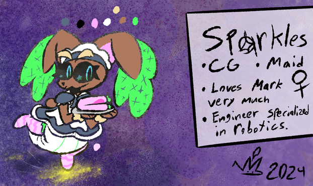 Art of a lopunny in a maid outfit and a diaper (having ear endings with green sparkles), dancing on stars and delivering you a diaper!
Text to the right says "Sparkles. Cg, Maid, Female. Loves Mark very much. Engineer specialized in robotics"