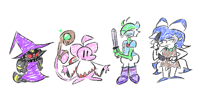 Art of 4 party members. An umbreon as a black mage.
A mew as a white mage.
A Gallade, nervious and a Warrior.
A kitsuna with blue fur tips. A thief.
