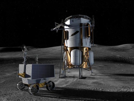 Blue Moon Mark 1 lurreratze-modulua (Blue Origin) eta NASAren  VIPER astromobila (Volatiles Investigating Polar Exploration Rover) ilargiaren gainazalean ikusmolde artistikoan.
