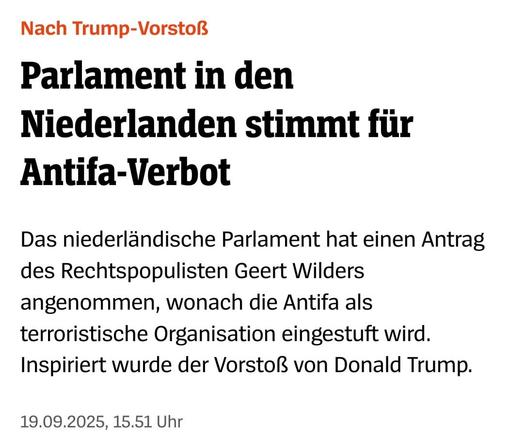 Screenshot von einem Bericht aus einer Zeitung. Darin geht es darum, dass das niederländische Parlament für ein Verbot der Antifa gestimmt hat.