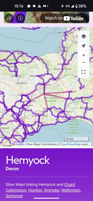 Map of Hemyock in the north west of the Blackdown Hills in Devon. Only one of five Slow Ways to neighbouring towns have a verified route option.