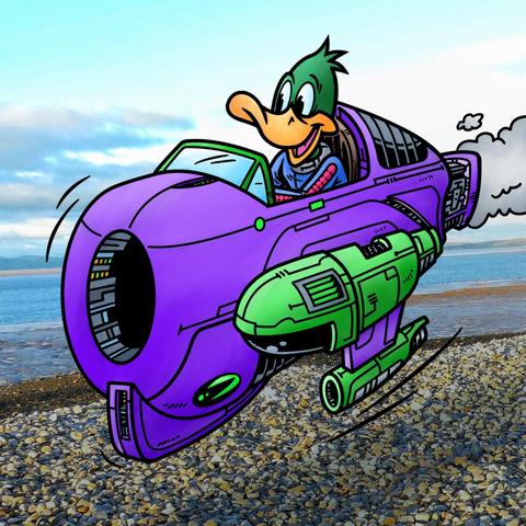 Anthropomorphic duck wearing  scarf and a blue and red  flight suit piloting an purple and green flying machine.