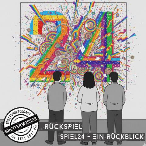 The image features a vibrant and colorful artwork depicting the number "24," with abstract patterns and splashes of color. Three figures are standing in front of the artwork, observing it. A logo at the bottom indicates a podcast related to board games.