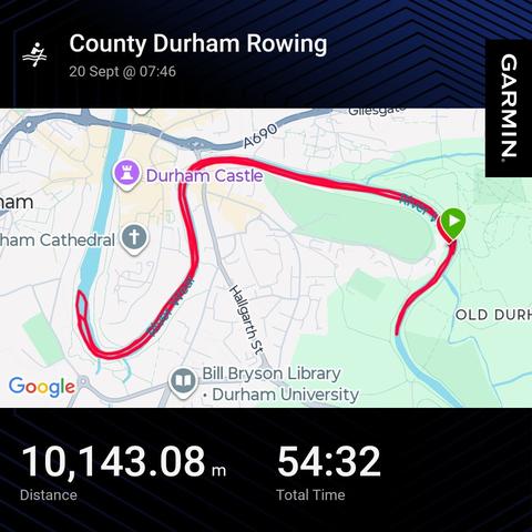 Garmin activity showing a rowing session on a map of the river Wear through Durham. 10km 54min