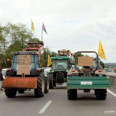 Trois tracteurs avec des pancartes : « Liberté, égalité, fraternité, Macron tu as tout oublié », « Ils passent en force, on bloque tout »...