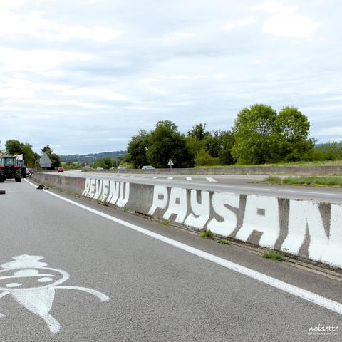 Le slogan « Revenu paysan » écrit sur la rambarde en béton de séparation de l’autoroute.