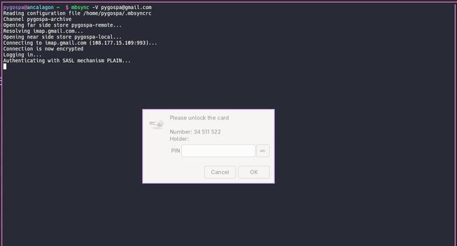 Screenshot of a terminal in background showing a manual triggering of mbsync with one of my mail addresses, and a GTK window in foreground (pinentry-gtk) prompting me to insert the PIN to unlock my Yubikey to decript the passwords provided by the GPG encrypted password store from pass.