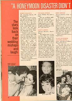 Magazine page from Daytime TV, October 1978, featuring the article “A Honeymoon Disaster Didn’t.” Includes black-and-white photos of celebrities like John Stamos and Michael Storm with their spouses, sharing humorous anecdotes about wedding mishaps. Layout includes bold red borders and playful typography.