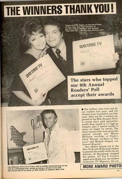 Award-themed magazine page from Daytime TV, October 1978, spotlighting winners of the 8th Annual Readers' Poll. Susan and Bill Hayes pose with trophies on the Days of Our Lives set; Lee Patterson holds his award for One Life to Live. Text highlights over one million votes and names other winners like Michael Zaslow and Jacklyn Zeman.