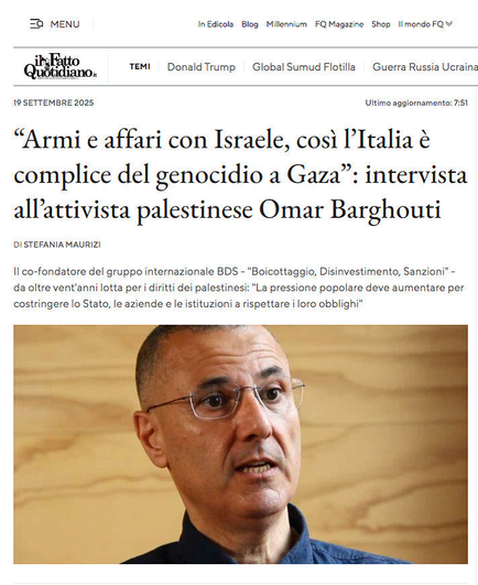 Intervista con Omar Barghouti su Il fatto quotidiano