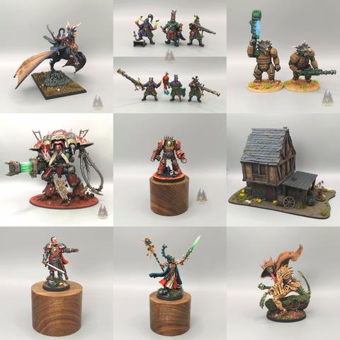 A grid of nine images of miniatures and buildings: L-r, T-b: Shugenan Lord on Great Spirit Longma, Crew of the Grand Cathay Lantern Balloon, Anthro sci-fi dinosaurs, Chaos Knight, Chaos terminator, Blacksmith's house, Hundred Kingdoms Officer, Eldrad Ulthran, Shapechanger