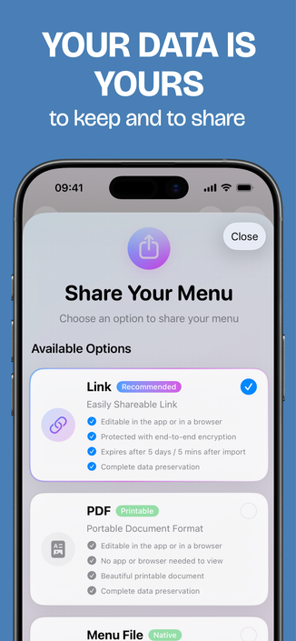 A phone screen showing the Relationship Menu app with a "Share Your Menu" dialog open. The "Link" option is selected and marked as "Recommended," described as an "Easily Shareable Link." Features listed include editable in the app or browser, protected with end-to-end encryption, expires after 5 days/5 mins after import, and complete data preservation. Additional options show "PDF" (marked as "Printable") and "Menu File" (marked as "Native") with their respective features. The background is blue with bold white text: "YOUR DATA IS YOURS to keep and to share."