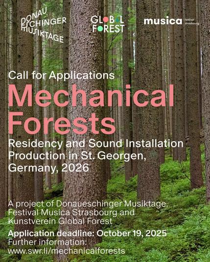 Picture of trees in the black forest in the background and infos (Title, involved Institutions, Deadline, Link) on the open call in the foreground