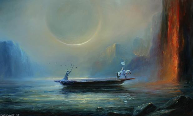 Art print by Mariusz Lewandowski  depicting a wide, barren lake with a giant barge being ferried by a cloaked figure with a barge pole and a bloody crusader on a white horse on the front. Ferry moves towards what looks like a portal towards fire. A partial eclipsed planet is visible in the background.