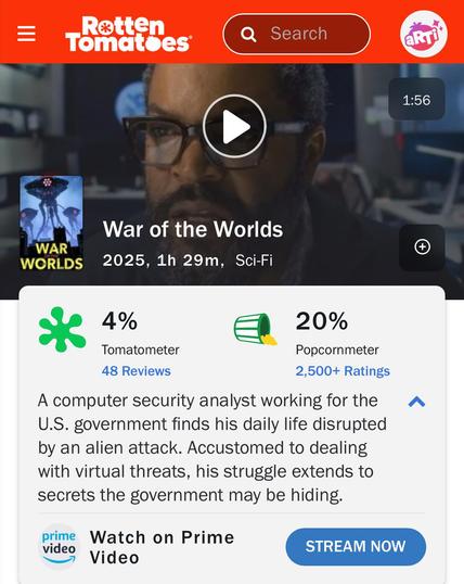 Rotten Tomatoes review of War of the Worlds (2025) with a 4% rating.