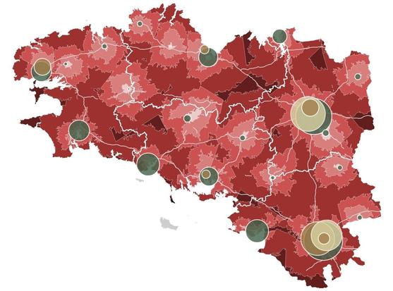Une carte mystérieuse, publiée prochainement chez Splann! Elle est centrée sur la Bretagne et la Loire-Atlantique, et on y voit des bulles proportionnelles, des lignes grises, ainsi que des zones allant du saumon au rouge foncé.