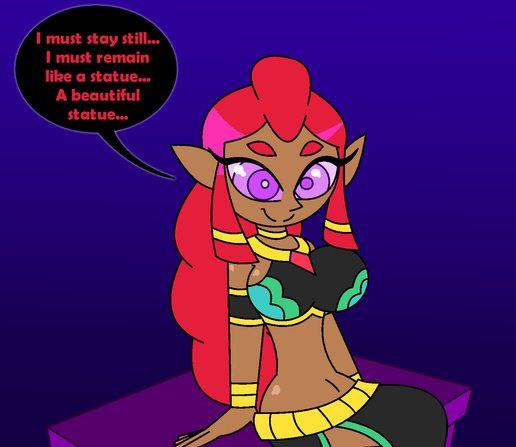 Riju sitting while hypnotized, "I must stay still... I must remain like a statue... A beautiful statue..."