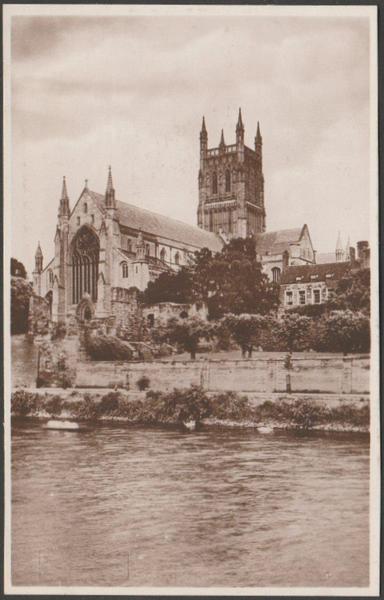 Sepia real photographic postcard showing a view of the nave and one of the canon's houses of Worcester Cathedral in Worcestershire, seen from the River Severn.

Published by Raphael Tuck & Sons, No 2, produced in 1905.

Postally unused.

Excellent condition, with minimal corner bumps.