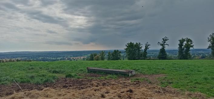 Vue sur la plaine. Devant on voit un abreuvoir.