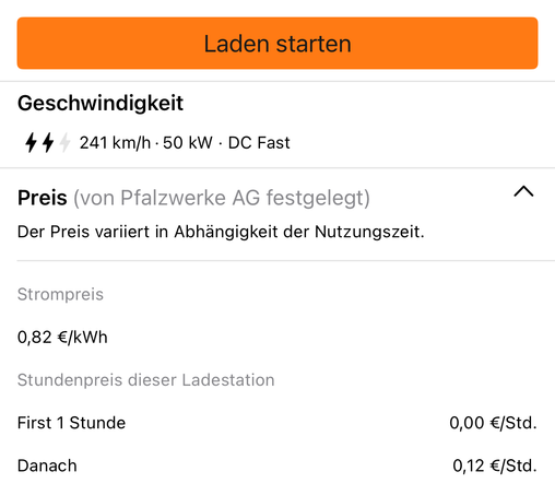 Pfalzwerke 0,82€ pro kW, nach 60 Minuten zzgl. 12ct/Std