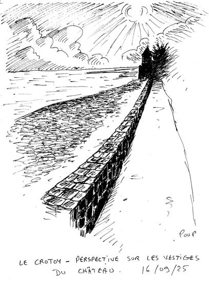 Croquis dessinés lors d'un voyage de quelques jours en Baie de Somme, dans le nord de la France. On voit ici une vue en perspective sur un muret bordantla plage du Crotoy. Au loin on distingue les vestiges d'une forteresse.

Sketches drawn during a few days' trip to the Bay of Somme, in northern France. Here we see a perspective view of a low wall bordering the beach at Le Crotoy. In the distance, we can see the remains of a fortress.