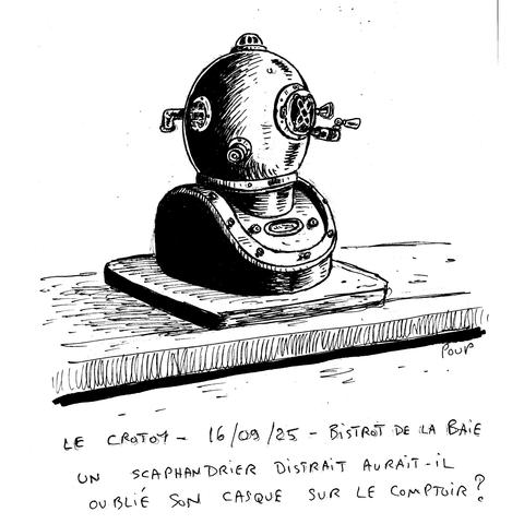 Croquis dessinés lors d'un voyage de quelques jours en Baie de Somme, dans le nord de la France. On voit ici un casque de scaphandrier servant de décoration dans un restaurant.

Sketches drawn during a few days' trip to the Baie de Somme in northern France. Here we see a diver's helmet serving as decoration in a restaurant.