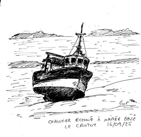 Croquis dessinés lors d'un voyage de quelques jours en Baie de Somme, dans le nord de la France. On voit ici un chalutier échoué à marée basse sur la plage du Crotoy.

Sketches drawn during a few days' trip to the Bay of Somme, in northern France. Here we see a trawler beached at low tide on the beach at Le Crotoy.