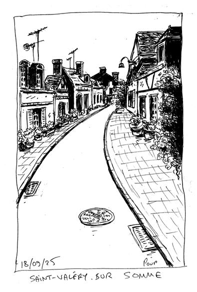 Croquis dessinés lors d'un voyage de quelques jours en Baie de Somme, dans le nord de la France. On voit ici une ruelle bordée de vieilles maisons à Saint-Valéry-sur-Somme.

Sketches drawn during a few days' trip to the Baie de Somme in northern France. Here we see a lane lined with old houses in Saint-Valéry-sur-Somme.