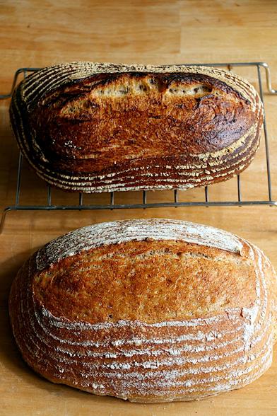 Two loaves, one darker than the other, both showing good gape from the oven spring and one obvious ear.