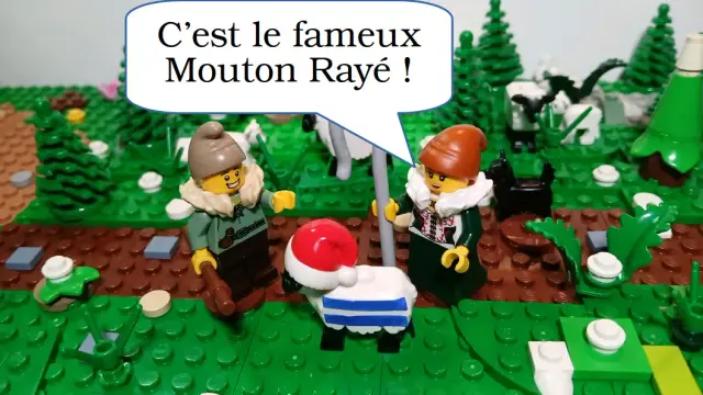 Un berger et une bergère sont devant un mouton rayé avec un bonnet de Noël. La bergère dit "C'est le fameux Mouton Rayé"